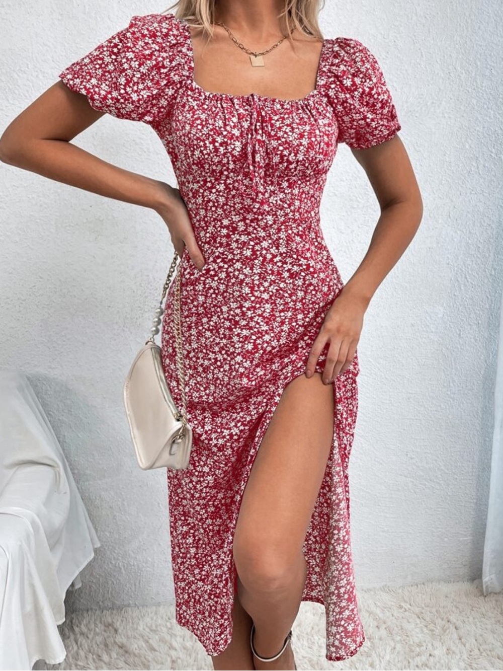 Derek Heart Red Floral Square-Neck Midi Dress